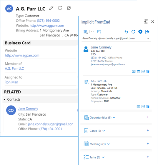 Implicit FrontEnd side panel showing CRM account and contact records inside Outlook